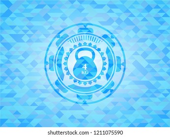 4kg kettlebell icon inside light blue emblem. Mosaic background