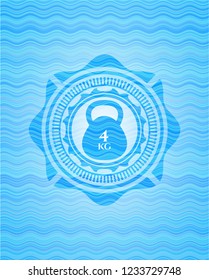 4kg kettlebell icon inside light blue water wave emblem background.