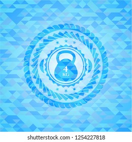 4kg kettlebell icon inside light blue emblem. Mosaic background