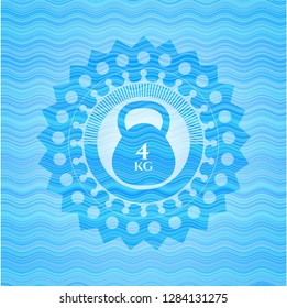 4kg kettlebell icon inside light blue water wave badge background.