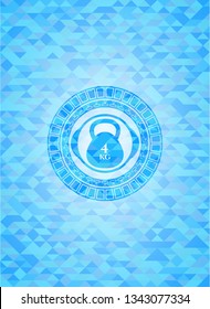 4kg kettlebell icon inside light blue emblem with mosaic background