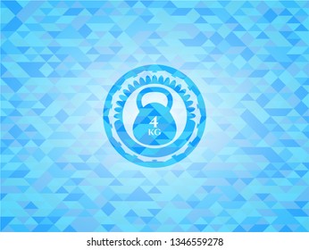 4kg kettlebell icon inside light blue emblem. Mosaic background