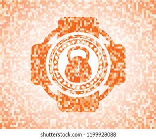 4kg kettlebell icon inside orange tile background illustration. Square geometric mosaic seamless pattern with emblem inside.