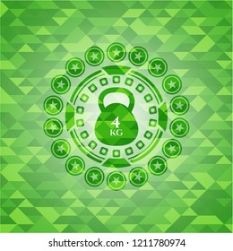 4kg kettlebell icon inside realistic green emblem. Mosaic background