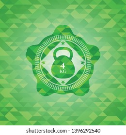 4kg kettlebell icon inside realistic green emblem. Mosaic background