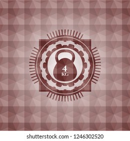 4kg kettlebell icon inside red emblem or badge with abstract geometric pattern background. Seamless.
