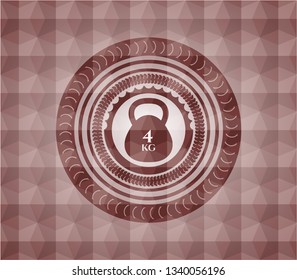 4kg kettlebell icon inside red emblem or badge with abstract geometric polygonal pattern background. Seamless.