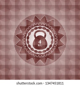 4kg kettlebell icon inside red seamless emblem or badge with geometric pattern background.