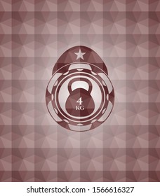 4kg kettlebell icon inside red seamless emblem or badge with abstract geometric pattern background.