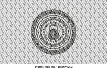 4kg kettlebell icon inside shiny silver badge. Scales pattern. Vector Illustration. Detailed. 