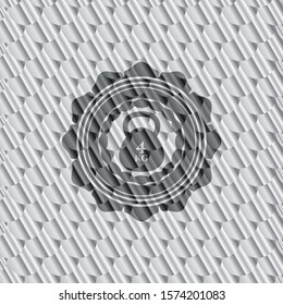 4kg kettlebell icon inside silver emblem. Scales pattern. Vector Illustration. Detailed.