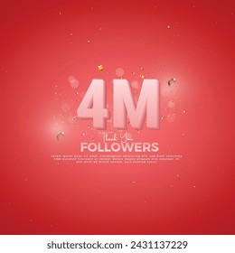 4M Follower celebration, 4M Pink Number on Red background with sparkling confetti, Thank you followers, 4M online social festive banner, 5M