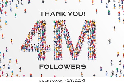 4M Followers. Group of business people are gathered together in the shape of four million sign, for web page, banner, presentation, social media, Crowd of little people. Teamwork. Vector illustration