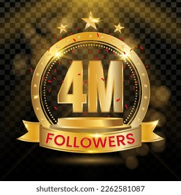 4M Followers Logotype with Gold and red Confetti Isolated on Black Background (PNG), Vector Design for Greeting Card and Social Media.