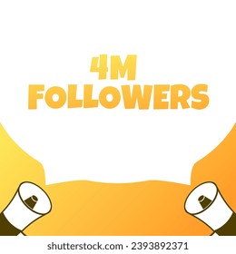 4m followers sign. Flat, yellow, text from horns, 4m followers icon. Vector illustration