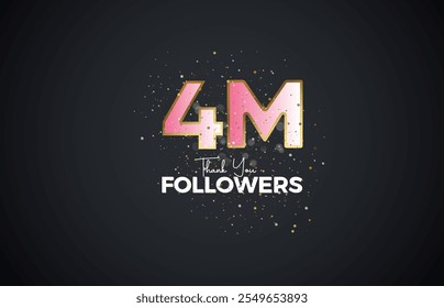 4M isolated on Dark background with sparkling confetti, Thank you followers peoples, golden, Black number 4M online social group, 5M