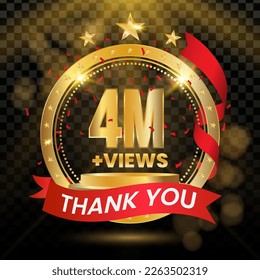 Logotipo de vistas 4M+ con oro y confeti rojo aislado en fondo negro (PNG), diseño vectorial para la celebración de la visualización de vídeo.