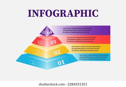 La plantilla de Infografía de la pirámide 3D de 4 opciones que presenta cuatro opciones o pasos a través de una estructura piramidal 3D. Una plantilla totalmente personalizable es perfecta para cualquier presentación empresarial o educativa.