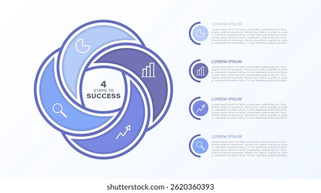 Infografía circular de 4 partes con iconos y espacio para datos. Plantilla de diseño de infografía de negocios o marketing en sección