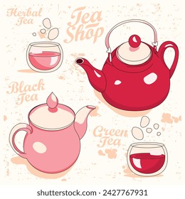4-piece tea set. Flat style. Background for tea web store.  Tea time. Kitchen utensils. Teapot.  Glass cup without handle with liquid.
