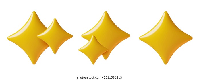 Conjunto de emojis 3D de 4 estrellas puntiagudas. Pegatinas amarillas de destello mágico de vacaciones. Ilustración vectorial de estilo de plástico brillante tridimensional