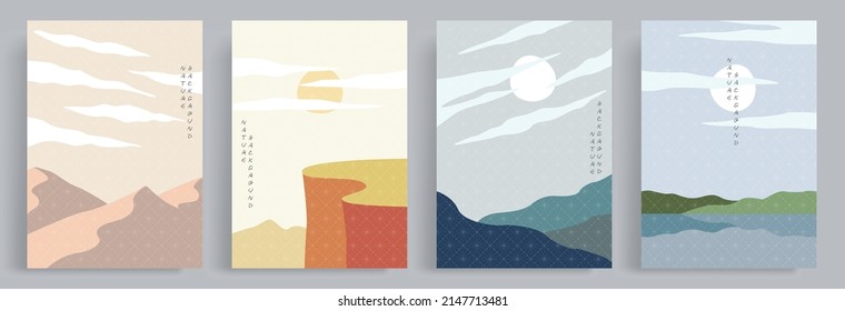 4set of vector illustrations landscapes. Abstract flat minimalist design landscape. Nature of mountains, valleys, lakes and ravines. Colorful aesthetic background in retro or vintage style.