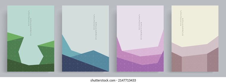 4set of vector illustrations landscapes. Japanese style backgrounds and patterns. Aesthetic colorfull natural valley geometry shapes. Suitable for flyers, book covers, decorations, social media posts.