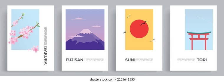 4 Sets japanischer Reisetourismus-Vektorgrafik-Kollektion. Sakura-Blüte, Fuji-Berg, Sonnenaufgang und Tore mit Karibik-Schrein in minimalistischer flacher Illustration. Geeignet für Buchhüllen, Plakate, Webvorlagen