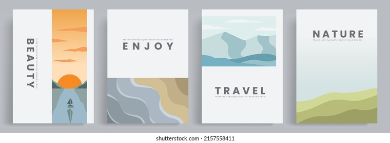 4establece plantillas de portada de viajes de naturaleza. Hermoso vector de puesta de sol, lagos, montañas, colinas, llanuras, playas y lagos en un estilo minimalista. Adecuado para portadas de libros, afiches, decoraciones, plantilla web.