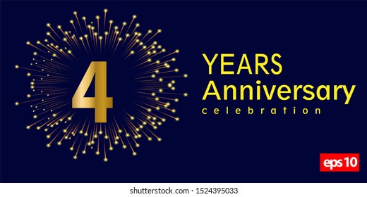 4st year anniversary celebration gold number with fireworks on blue background. vector illustration