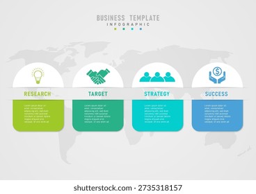 4step business infographic template with rounded multi-colored rectangles. The top is white with colored icons in the center, the bottom has text in the middle, and a map at the bottom.