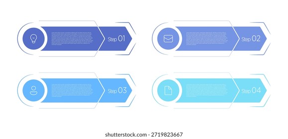Una infografía de chevrones de 4 pasos utiliza Formas de flecha en ángulo (chevrones) para representar visualmente un proceso secuencial, a menudo en presentaciones para mayor claridad y flujo. 