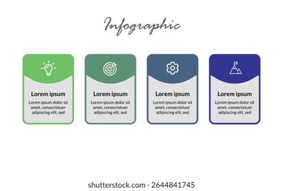 Diseño de infografía plana de 4 pasos: barra de progreso moderna con flechas direccionales para la planificación Corporativa, la secuenciación de tareas y el flujo de ejecución de estrategias.
