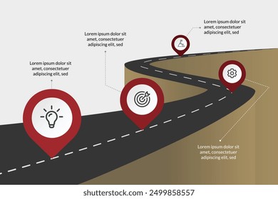 4-Schritt Road Journey Timeline Infografik für Unternehmen. Moderne, professionelle Präsentationsvektorvorlage zur Visualisierung von Strategien und Prozessen