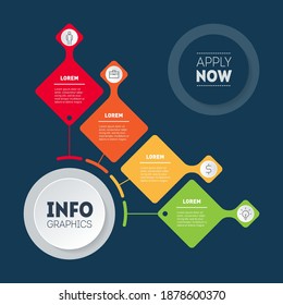 Infografía vectorial de 4 pasos de tecnología o educación. Concepto de presentación de negocios con 4 opciones. Plantilla de infografía o diagrama con cuatro procesos y botón "aplicar ahora". Vector.