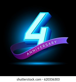 4th Anniversary 3D text with glow effect .celebration vector  template design