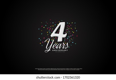 4th anniversary background with illustrations of numbers and white writing on a black background. svg
