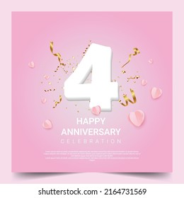 Antecedentes del cuarto aniversario con números blancos, confeti, papel cortado el amor con fondo rosado. Ilustración vectorial
