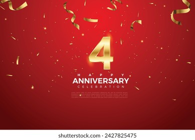 4th Anniversary celebration, 4 Anniversary celebration On Red background for celebration event, festive illustration, Golden number 4 sparkling confetti, 4,5  svg