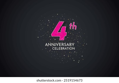 4th Anniversary celebration, 4 Anniversary celebration, Realistic 3d sign, Black background, festive illustration, White Pink number 4 sparkling confetti, 4,5 