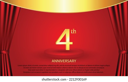 4th Anniversary celebration. 4 year Anniversary Celebration with red background. Podium anniversary. Curtain stage anniversary. Gold luxury banner celebration.