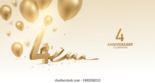 4th Anniversary celebration background. 3D Golden numbers with bent ribbon, confetti and balloons.
