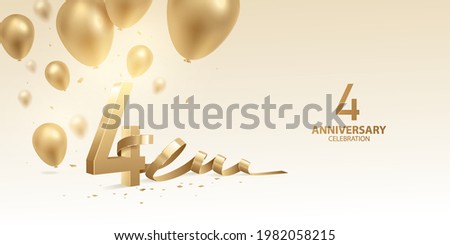 4th Anniversary celebration background. 3D Golden numbers with bent ribbon, confetti and balloons.
