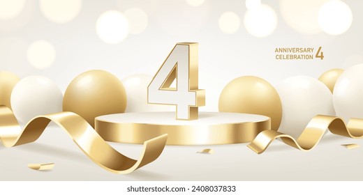 4th Anniversary celebration background. Golden 3D numbers on round podium with golden ribbons and balloons with bokeh lights in background.