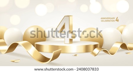 4th Anniversary celebration background. Golden 3D numbers on round podium with golden ribbons and balloons with bokeh lights in background.