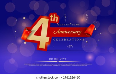 4th Anniversary celebration. Celebrating 4 years logo with confetti in Blue Background. Golden number 4 with sparkling confetti. 