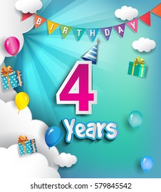 4th Anniversary Celebration Design, with clouds and balloons. using Paper Art Design Style, Vector template elements for your, four years birthday celebration party.