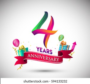 4th Anniversary Celebration Design, with gift box and balloons, Red ribbon, Colorful Vector template elements for your, four years birthday celebration party.