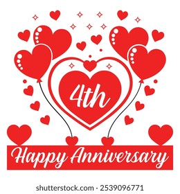 4th Anniversary Celebration Design with Hearts and Balloons Romantic and Festive Art