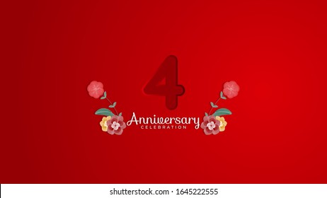 4th Anniversary celebration. Emboss number with Gradient red background and flowers decoration. Modern elegant simple background design vector EPS 10. Can be used for company or wedding.